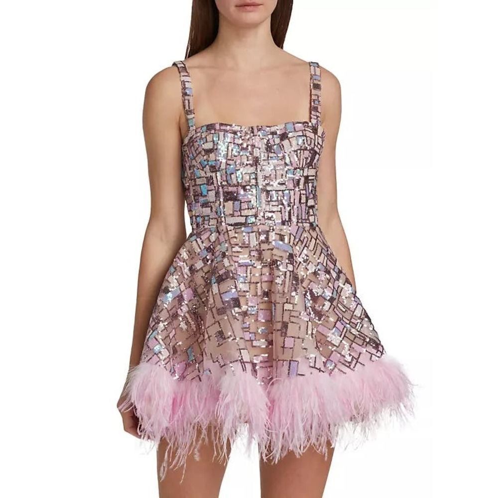 BRONX AND BANCO mademoielle feather mini dress in blush/multi Large (US8) - Picture 5 of 13